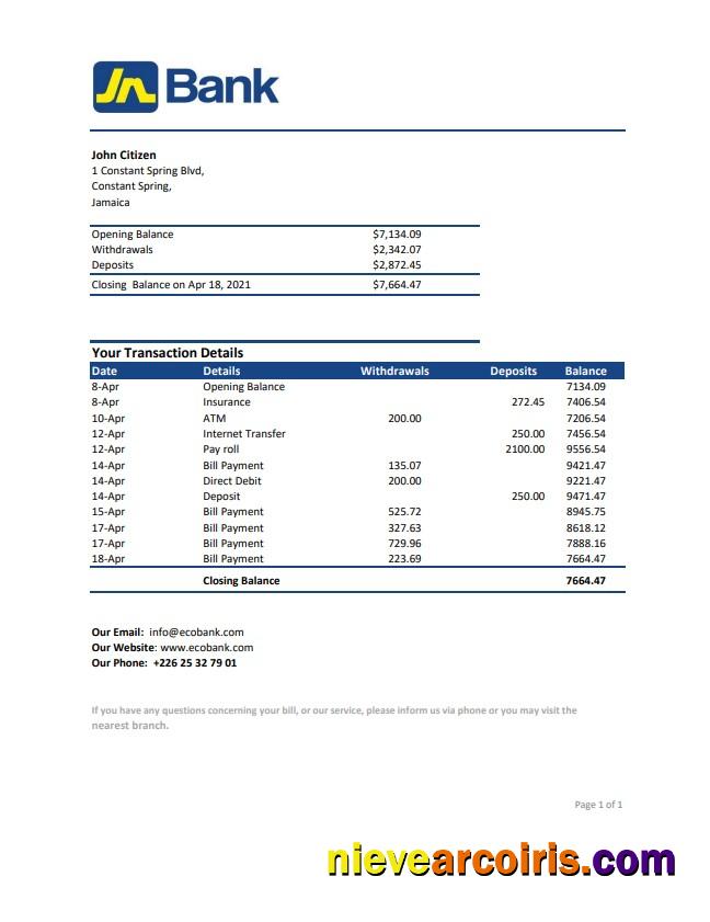 Jamaica National Bank statement easy to fill in .xls and .pdf file format